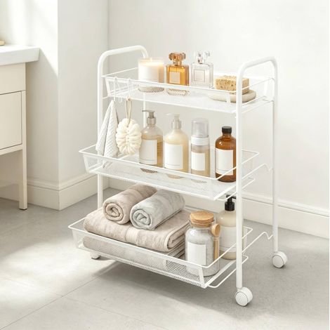 Carro portaherramientas de 3 niveles con cestas de acero y ruedas 45 x 26,5 x 63 cm blanco MODENUIT (1/4)