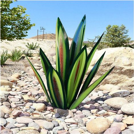 Sculpture Rustique de Tequila - Art décoration Statue Déco à la Maison, Figurines de Jardin, 9 feuilles, Plantes d'agave en Métal pour Cour Extérieure - 55cm Vert (1/5)