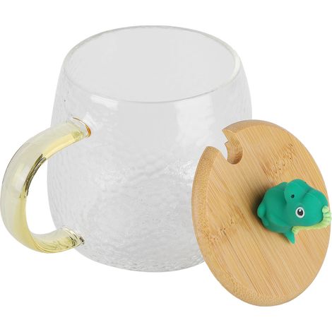 400 ml Becher aus hochwertigem Borosilikatglas mit Bambusdeckel und Edelstahllöffel, Dinosaurier-Design, hitzebeständig (1/5)