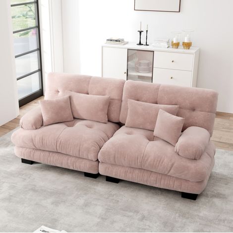 Divano 2 posti 220x77x81 cm in chenille rosa, con 2 cuscini lombari e 2 decorativi, per soggiorni (1/5)