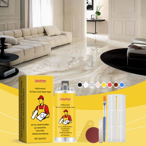 Fliesenreparaturkleber für Risse, Fliesenreparatur, Glasurreparatur, Marmorreparatur, Lochfüllung, Keramikreparatur – 85 g + Schiebestab + Spachtel + Aquarellpinsel + Abklebeband + Rundschleifpapier + (1/5)
