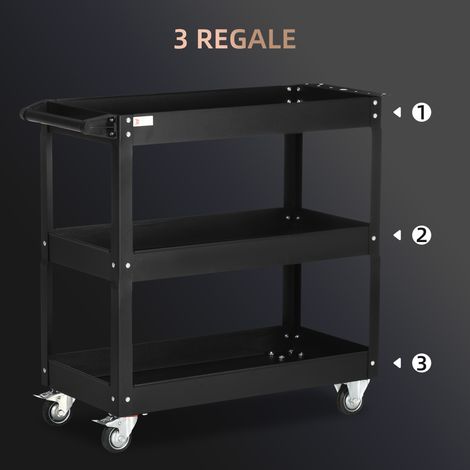 Chariot de rangement 3 étagères, 4 roulettes, métal, 83 x 35,3 x 76 cm, noir (1/4)