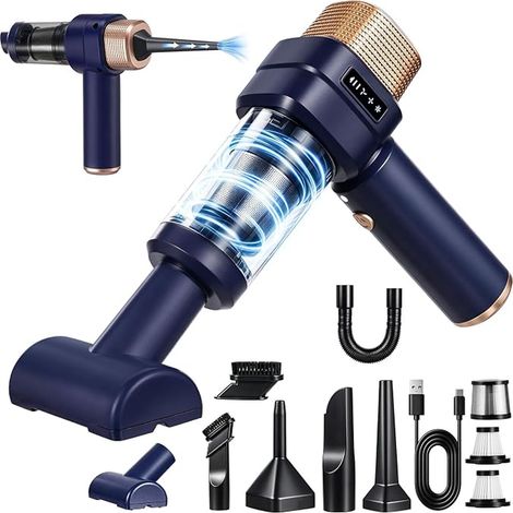Aspirateur Voiture sans Fil, Aspirateur Souffleur Portable, Moteur sans Balai 160W, Nettoyeur Multifonction pour Auto Maison Canapé (Bleu) (1/3)