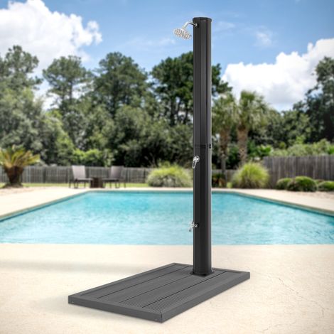 ML-Design Doccia Solare da Giardino 217 cm 35 L a Pedale Colore Nero Acqua Calda Fino a 60°C Senza Elettricità con Attacco per Tubo Doccia Esterna per Piscina + Base Piatto Pedana in WPC Grigio Scuro (1/5)