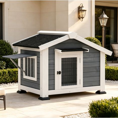 Caseta para perro elevada 98x76x69,5 cm de madera y metal gris, techo impermeable - MEUBLIV (1/5)