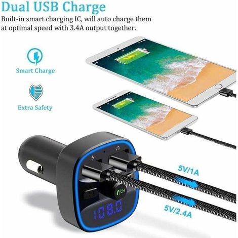 Bluetooth FM Transmitter, Bluetooth 5.0 Car Radio Adapter MP3 Player Wireless Hands-Free Kit, Cigarette Lighter Charger with Dual USB Ports 5V/2.4A & 1A, Supports SD Card/USB Flash Drive (1/4)