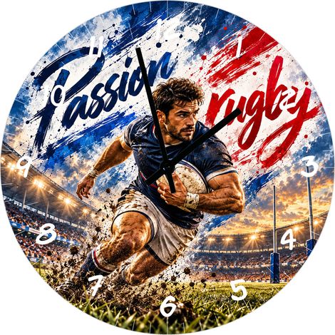 Horloge en verre Passion rugby bleu blanc rouge 29 cm (1/2)
