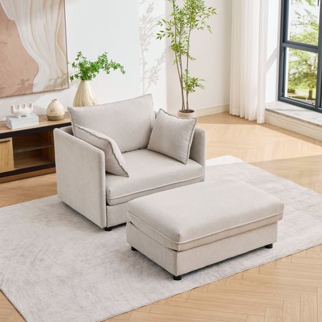 Fauteuil relax avec en velours pouf coffre, structure stable, 149x103,5x81 cm, pour salon et petits espaces, beige (1/5)