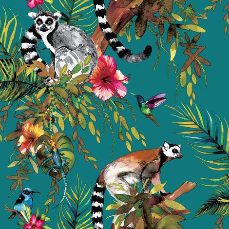 Teal Multicoloured Lemur Wallpaper Monkeys Flowers Floral Trees Animals Holden (1/3)