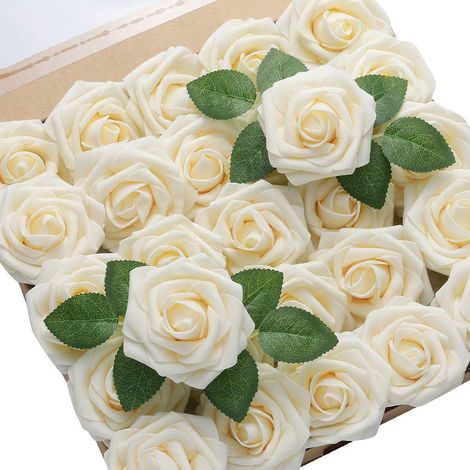 Roses Artificielles - 25 Pièces - Diamètre 8 cm - Tige 20 cm - Pour Bouquets Mariage Décoration Fête - Lot Complet (1/5)