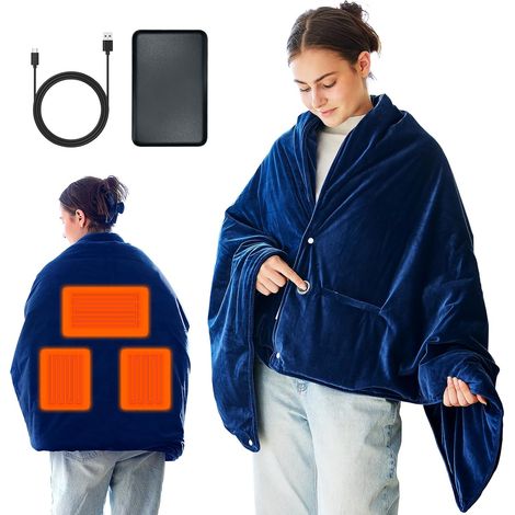 Couverture Chauffante USB, 155 x 85cm, Portable Couverture Électrique sans Fil avec Batterie 10 000 Mah,Couvertures Plaid Chauffant avec 3 Niveaux de Chauffage, Lavable en Machine