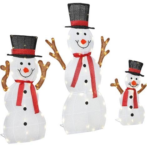 3-teilige weihnachtliche Schneemann-Familie, Außendekoration, LED-Lichter, Bodenpfähle, wasserfest, Stahl, Polyester, Weiß (1/5)