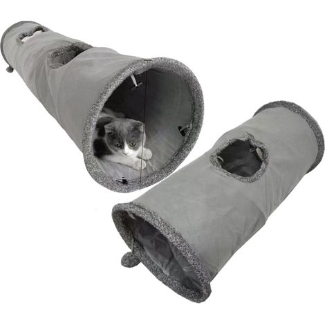Tunnel Pour Chat - Diamètre 30 Cm - 30 X 130 Cm Et 30 X 67 Cm - En Imitation Lin Avec Fourrure Synthétique Intérieure - Rétractable Et Connectable - Gris (1/5)