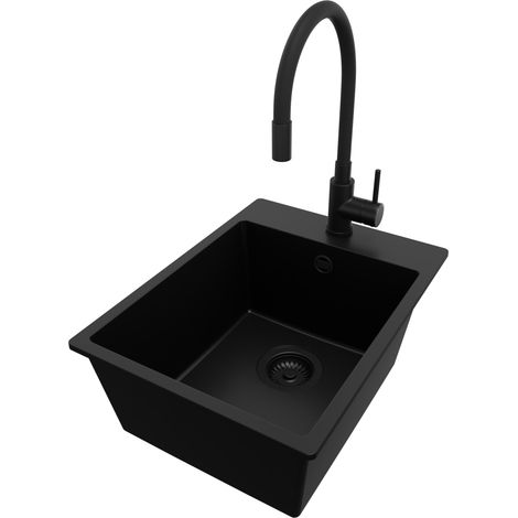 PRIMAGRAN Evier Cuisine en Granit 38x50cm, Lavabo 1 bac + Robinet 40x38cm + Kit de Vidage, Évier à Encastrer au meuble 40cm - Riga, Tout Noir (1/5)