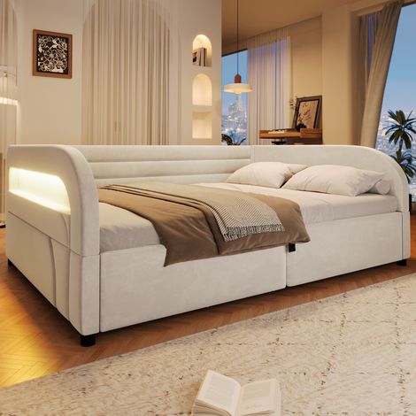 Lit banquette coffre 140x200cm avec rangement hydraulique,LED RGB et côtés rembourrés en flanelle beige (1/5)