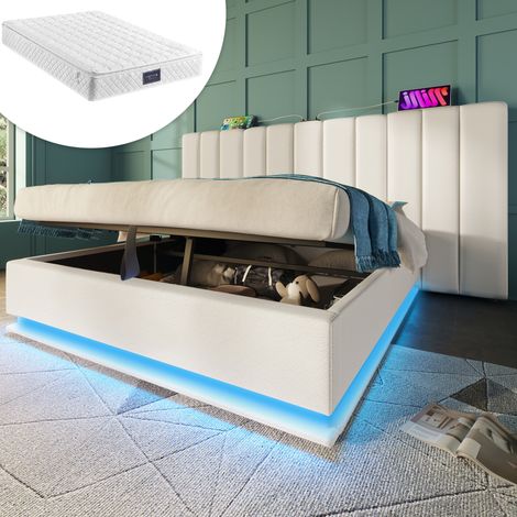 Lit coffre 160x200 LED USB-C en PU blanc HAVRYA (1/5)