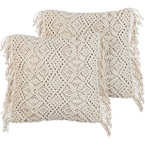 Conjunto de 2 cojines de algodón con relleno macramé patrón boho flecos 45 x 45 cm beige PATTAN