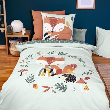 Parure de lit 140x200 cm Enfant réversible - Housse de Couette + 1 Taie d'oreiller Motif imprimé Renard Vert – 100% Coton