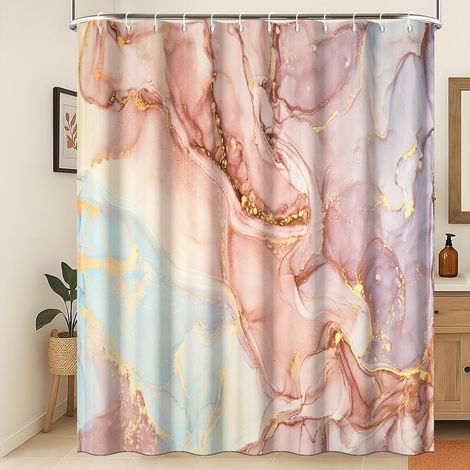 Rideau de Douche en marbre Rose Rideau de Douche imperméable à la Poudre d'or Rideau de Douche Abstrait en marbre Rose coloré à Pois dorés Tissu résistant à la moisissure 150x200cm (1/4)
