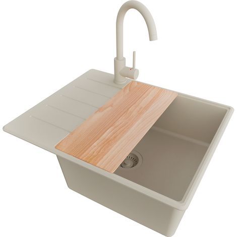 PRIMAGRAN Evier Cuisine en Granit 62x50cm, Lavabo 1 bac + Robinet 32x20cm + Kit de Vidage + Accessoire, Évier à Encastrer au meuble 50cm - Copenhague, Beige (1/5)
