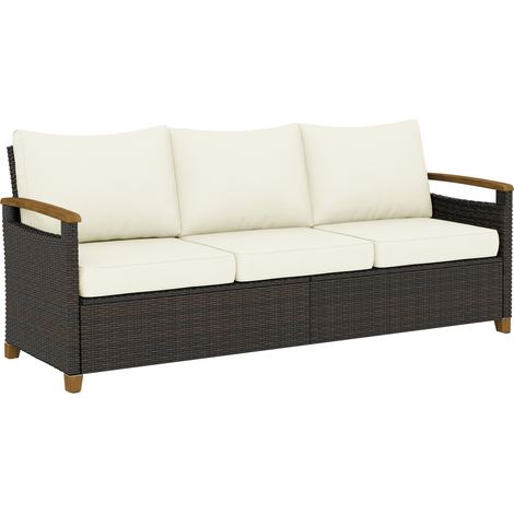 Outsunny 3 Seater Rattan Garden Sofa with Cushioned Wide Seats, Brown