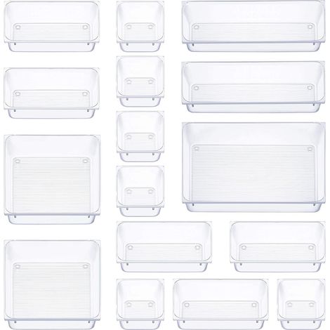 16 pièces organisateur tiroir, 5 tailles boite rangement tiroir, antidérapant organiseur maquillage, pour papeterie de bureau rangement, (transparent) (1/5)