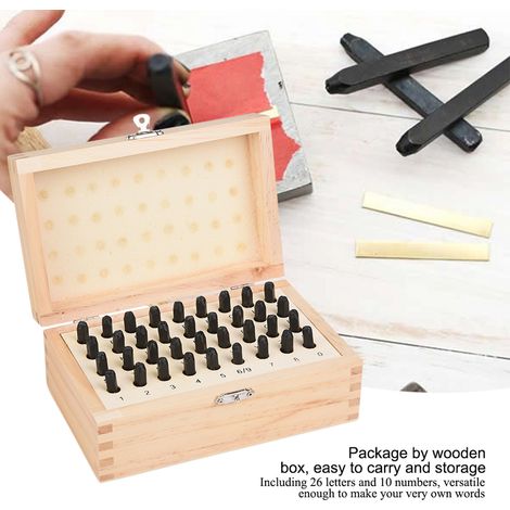 Coffret de 36 poinçons en acier de 4 mm pour lettres et chiffres, avec boîte en bois. (1/5)