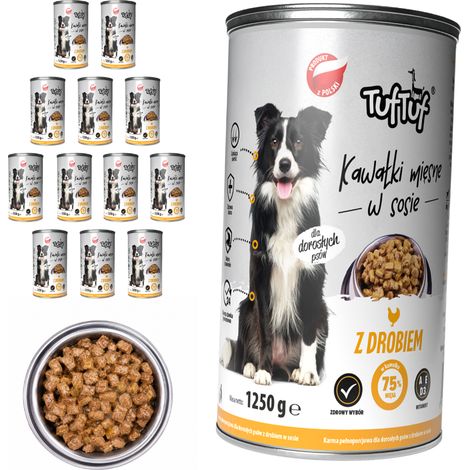 Cibo umido per cani TufTuf, lattina da 12 x 1250 g con bocconcini in salsa. (1/2)