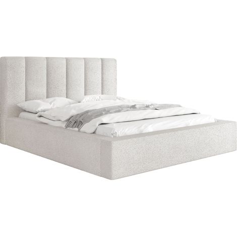 Polsterbett 120x200 mit Bettkasten und Lattenrost – Bett mit hohem Kopfteil, Boucle oder Samt Stoff Weiß, Ecru – Modernes Doppelbett mit Stauraum – Bettgestell, ohne Matratze – Amira – Creme