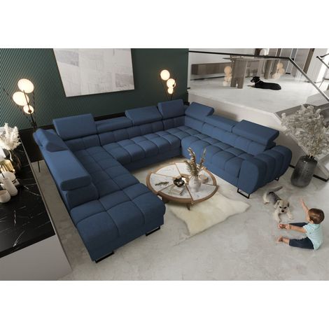 Wohnlandschaft Schlafsofa BASTIEN XL in Stoff Moly Dunkelblau Ottomane Links