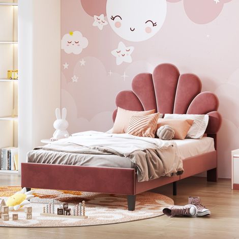 Cama individual 90x200 cm de terciopelo, cabecero en forma de flor, somier de láminas, cama infantil acolchada estilo escandinavo rojo (1/5)