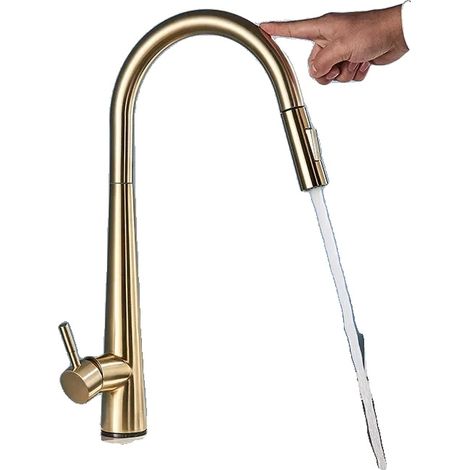 Robinet de cuisine, contrôle tactile, douchette escamotable, Or brossé (1/2)
