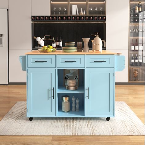 Desserte de cuisine 139x46(71)x91.5 cm bleue en MDF avec plateau rabattable, roulettes et rangements (1/5)
