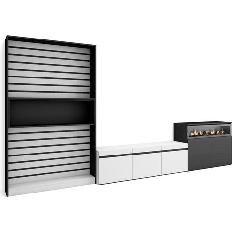 Skraut Home – Ensemble meuble TV moderne avec cheminée électrique – Dimensions 360x35x186cm – Pour TV jusqu'à 65" – Rangement optimisé en blanc et noir (1/5)