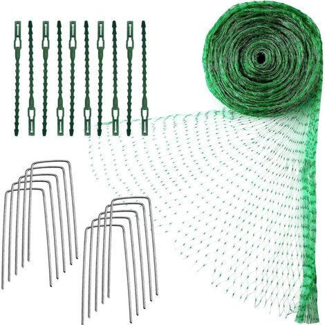 Grünes Vogelschutznetz für Gärten, Pflanzen und Obstbäume – 4 m x 10 m mit Kabelbindern und U-förmigen Gartenpfählen (1/4)
