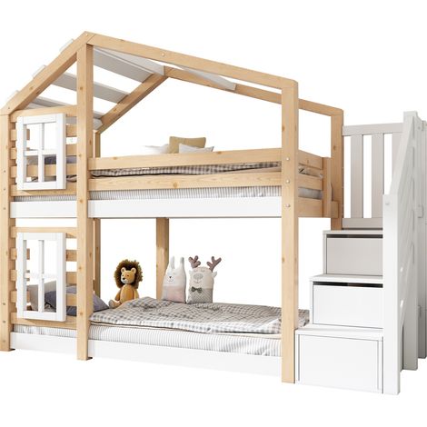 Lit superposé enfant cabane bois massif/MDF naturel et blanc 90x200 cm avec rangements, barrières et 2 sommiers à lattes (1/5)