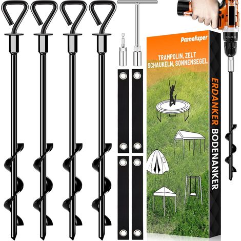Set of 4 Trampoline Ground Anchors with Straps and Hooks Heavy Wind Resistant - Ideal for Trampoline, Tent, Awning, Shed, etc (4) (1/5)