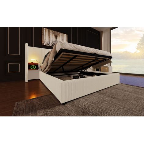 Lit double 180×200 cm. Bureau de nuit, lampe lecture, USB Type-C, sommier bois/métal. Coton beige-blanc (sans matelas). (1/5)