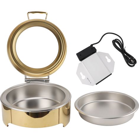 Plat de service rond 6L 300W avec couvercle en verre, régulation thermostatique, ensemble buffet pour fêtes, fiche UE 220-240V, finition dorée (1/5)