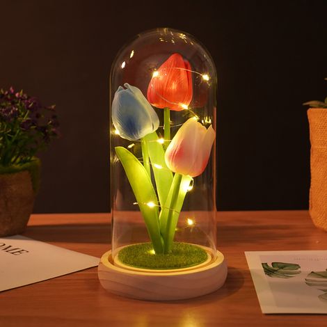 Cadeau Saint Valentin pour Femme, Tulipe Artificielle, Fleur Eternelle sous Cloche, Cadeau Anniversaire pour Maman Amoureux Amie Grand Mere Copine Tata, Cadeau pour Femme - Multicouleur (1/4)