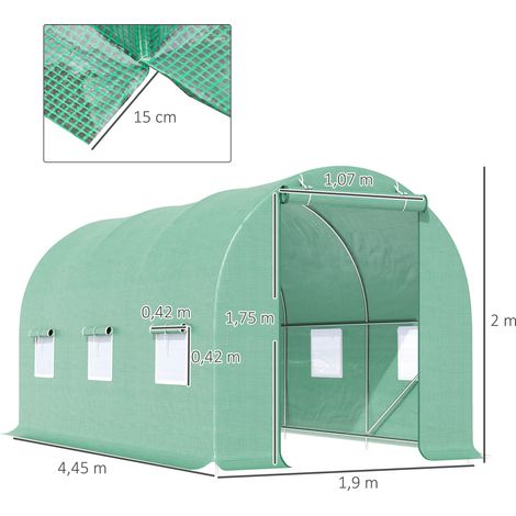Serre tunnel pour tomates avec fenêtre, structure acier et bâche PE, 445x190x200 cm, culture au jardin et potager, coloris vert (1/5)