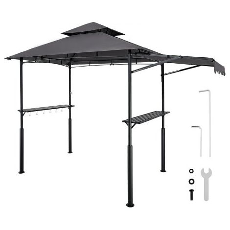 Gazebo para Barbacoa, Refugio Reforzado para Barbacoa con Recubrimiento en Polvo 243 x 150 x 250 cm con Techo de 2 Niveles, 2 Estantes Laterales, Ganchos y Toldo Adicional para Patio, Jardín (1/5)