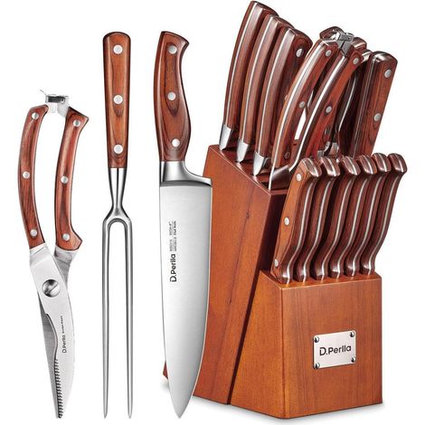 Bloc de couteaux de cuisine 16 pièces, acier inoxydable, manche en bois, avec aiguiseur (1/5)