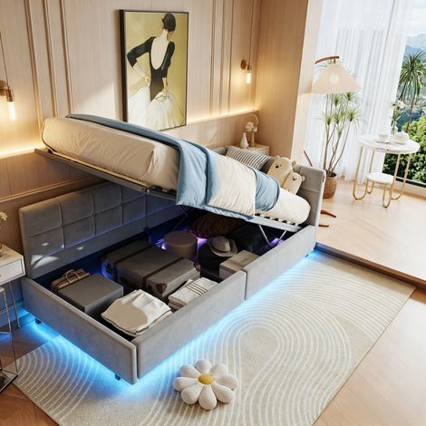 JOOKGBD–Divano Letto Imbottito 90x200 cm,Letto a Contenitore,Contenitore Idraulico,Illuminazione LED,Porta USB,Type-C,Rete a Doghe,Letto per Bambini,Velluto,Grigio (1/5)