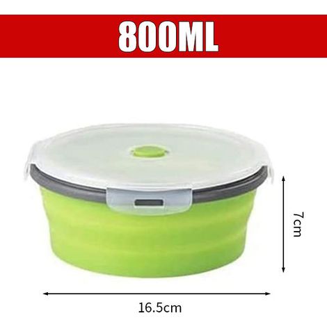 (Vert 800 ml) Boîte à lunch ronde en silicone, pliable avec couvercle, portable, compatible avec le micro-ondes. (1/5)