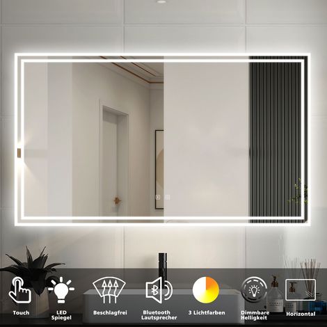 LED Badspiegel mit Bluetooth Warmweiß/Neutralweiß/Kaltweiß Dimmbar Beschlagfrei Speicherfunktion Badezimmer Spiegel mit Beleuchtung CE IP44 100x60cm (1/5)