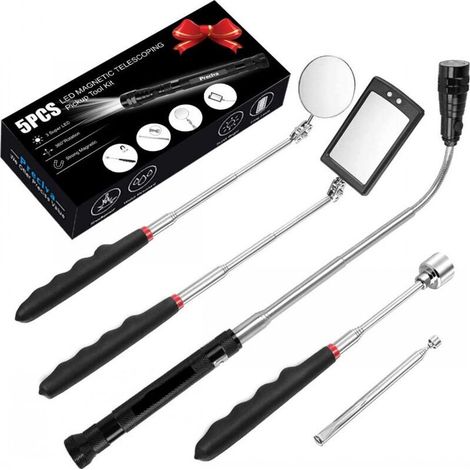 5 PCS Outil de Préhension Magnétique Télescopique pour Ramassage avec LED, Comprenant 15lb/1lb Outil de Ramassage/Rond/Carré Miroir d'Inspection/Poignée Télescopique Pivot 360Ḟ, 4 Batteries(Cinq kit) (1/4)