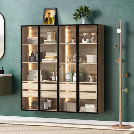 Badezimmerschrank 2er-Set mit LED und Glastüren MDF OKMYHOME (1/5)