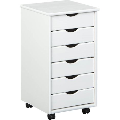 Altobuy – Caisson 6 tiroirs en pin massif vernis blanc – Dimensions 36 x 40 x H65 cm – Roulettes pour déplacement facile – Rangement optimisé