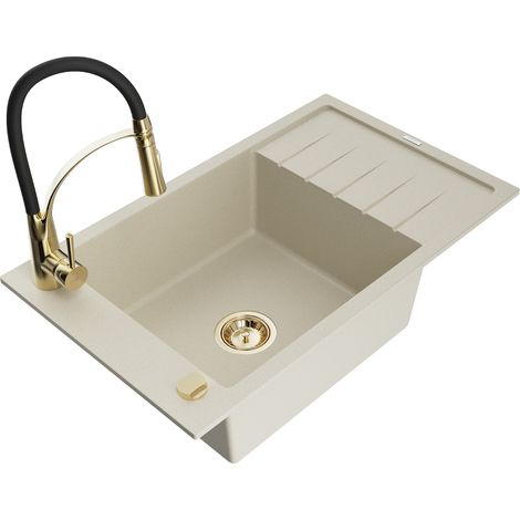 Mexen Elias évier en granit à 1 vasque avec égouttoir et robinet Aster, beige - 6511-69-73450-57-G (1/5)